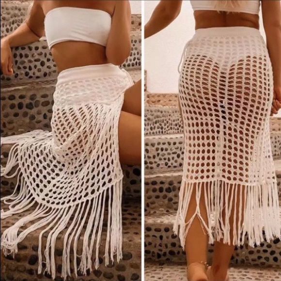 Lena Vie Boutique Other - White Fringe Crochet Boho Beach Skirt Coverup